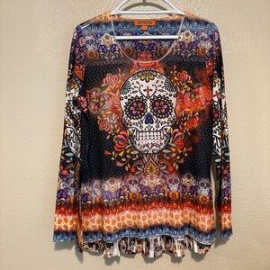 Day Of The Dead Long Sleeve Colorful Skulls Tunic Bling Size Medium Halloween 🎃